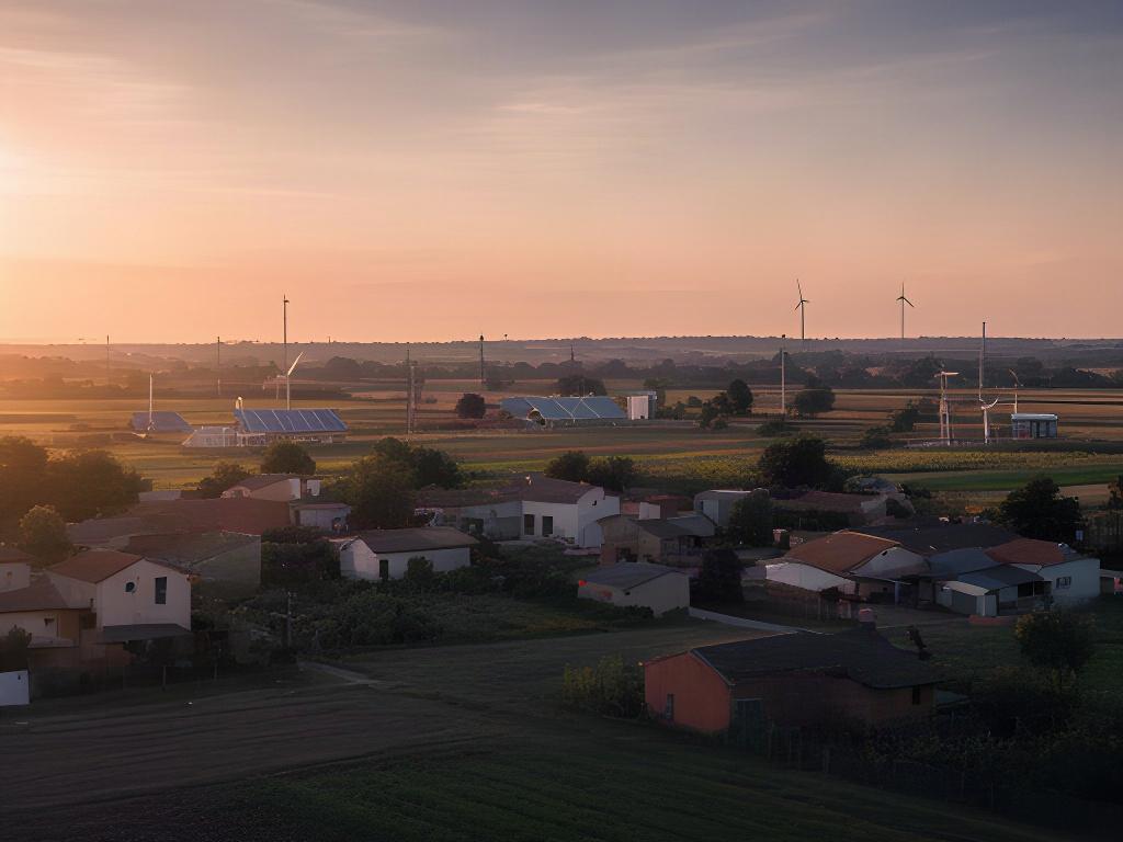 Pequeña comunidad rural con infraestructura eléctrica renovable al atardecer