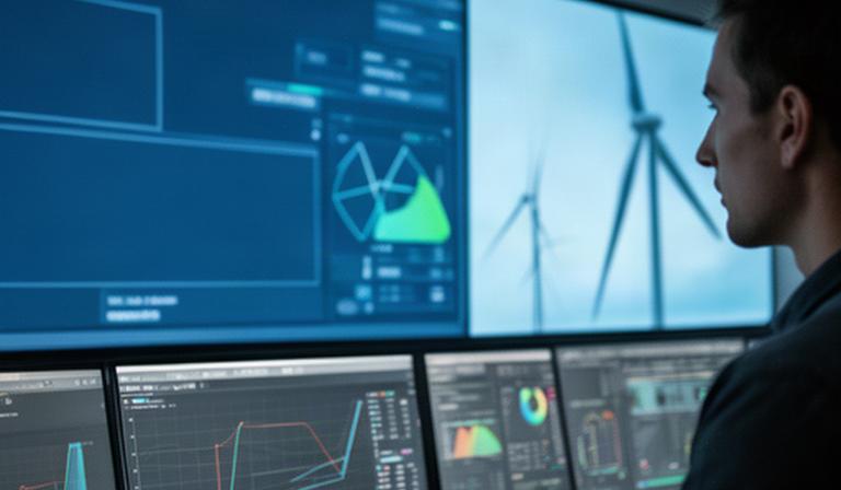 Pantalla de supervisión mostrando datos de rendimiento de un aerogenerador