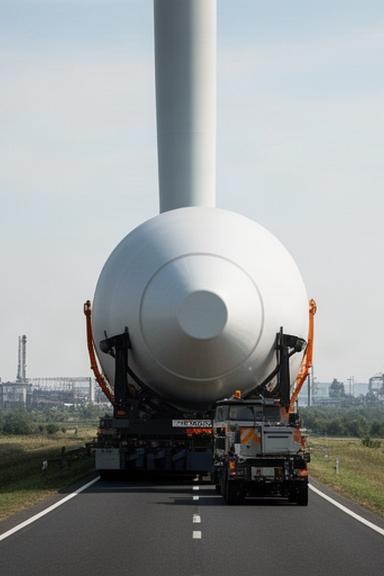 Transporte especial de una sección de torre eólica por una vía industrial