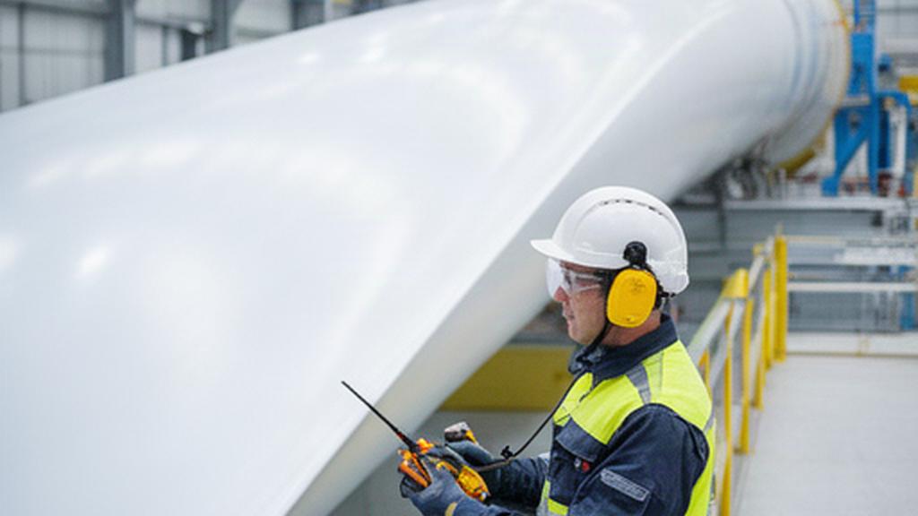 Operario inspeccionando una pala de aerogenerador en la planta de Burgos