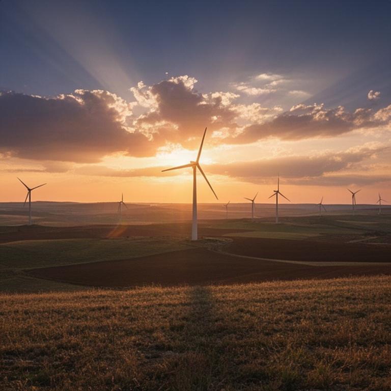 Parque eólico terrestre en una meseta de Castilla y León al atardecer