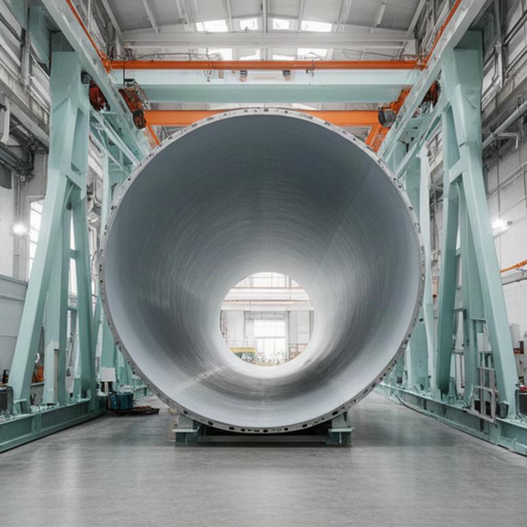 Torre tubular de acero de un aerogenerador durante el montaje en una planta industrial