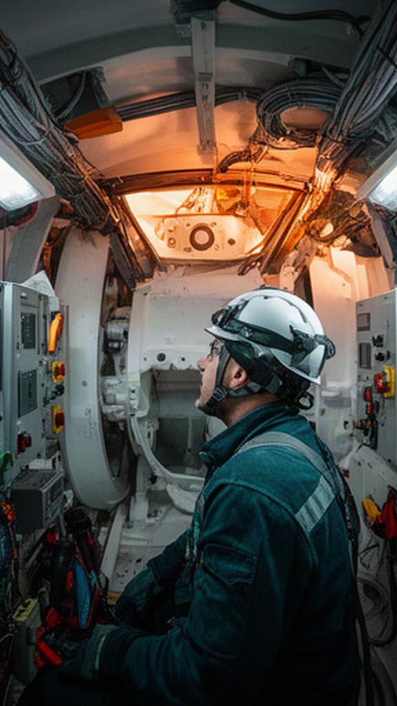 Técnico con casco revisando el interior de una góndola eólica con paneles de control visibles