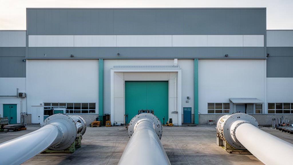 Fachada de una fábrica de aerogeneradores en Burgos con piezas eólicas preparadas para montaje