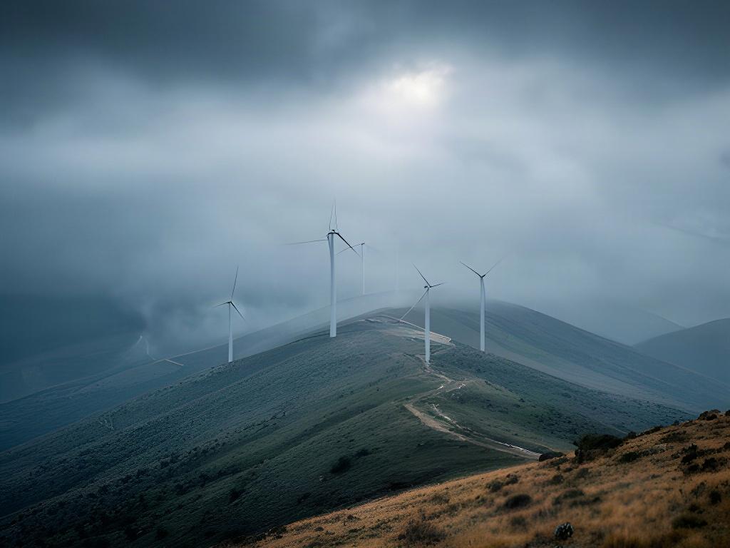 Parque eólico de Castilla y León extendido sobre una cresta, con nubes bajas al fondo