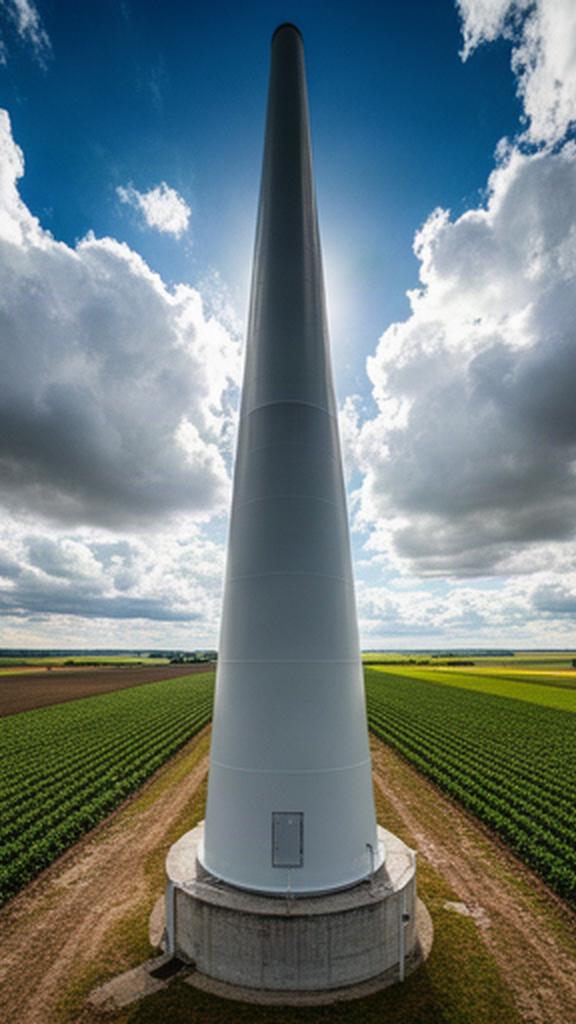 Torre eólica vista desde su base entre cultivos y nubes altas
