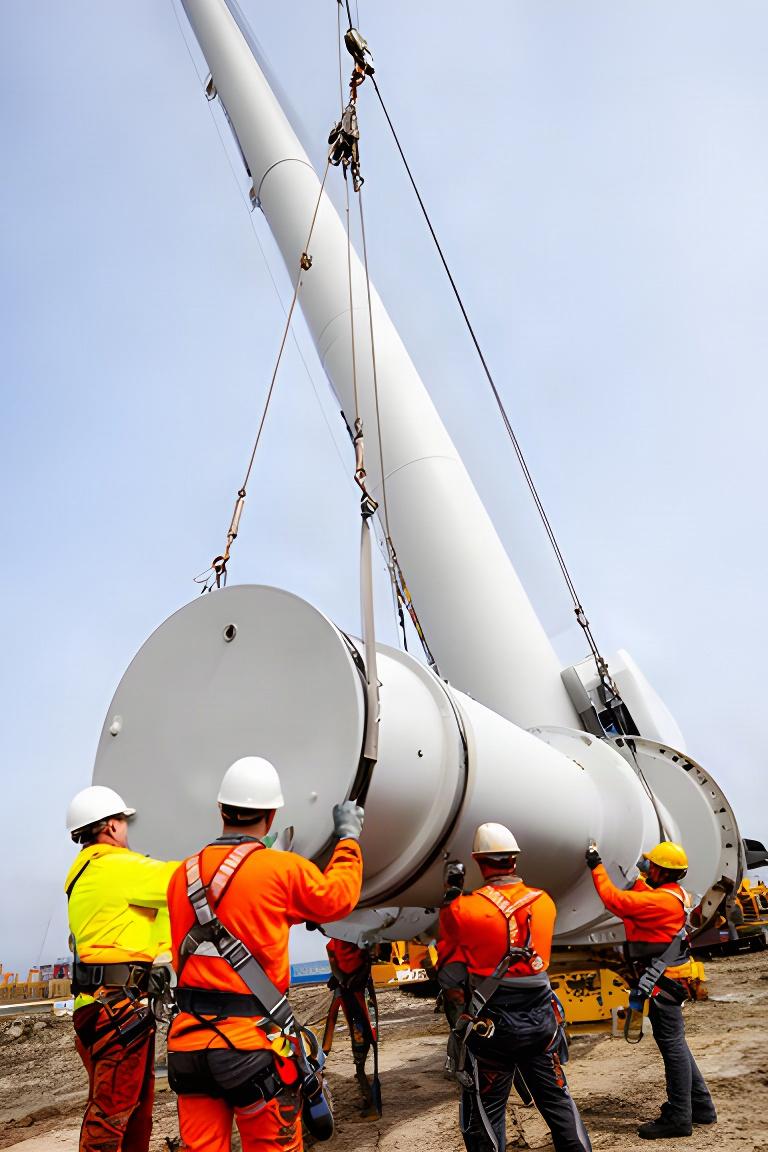 Equipo técnico asegurando una sección de torre eólica durante el montaje