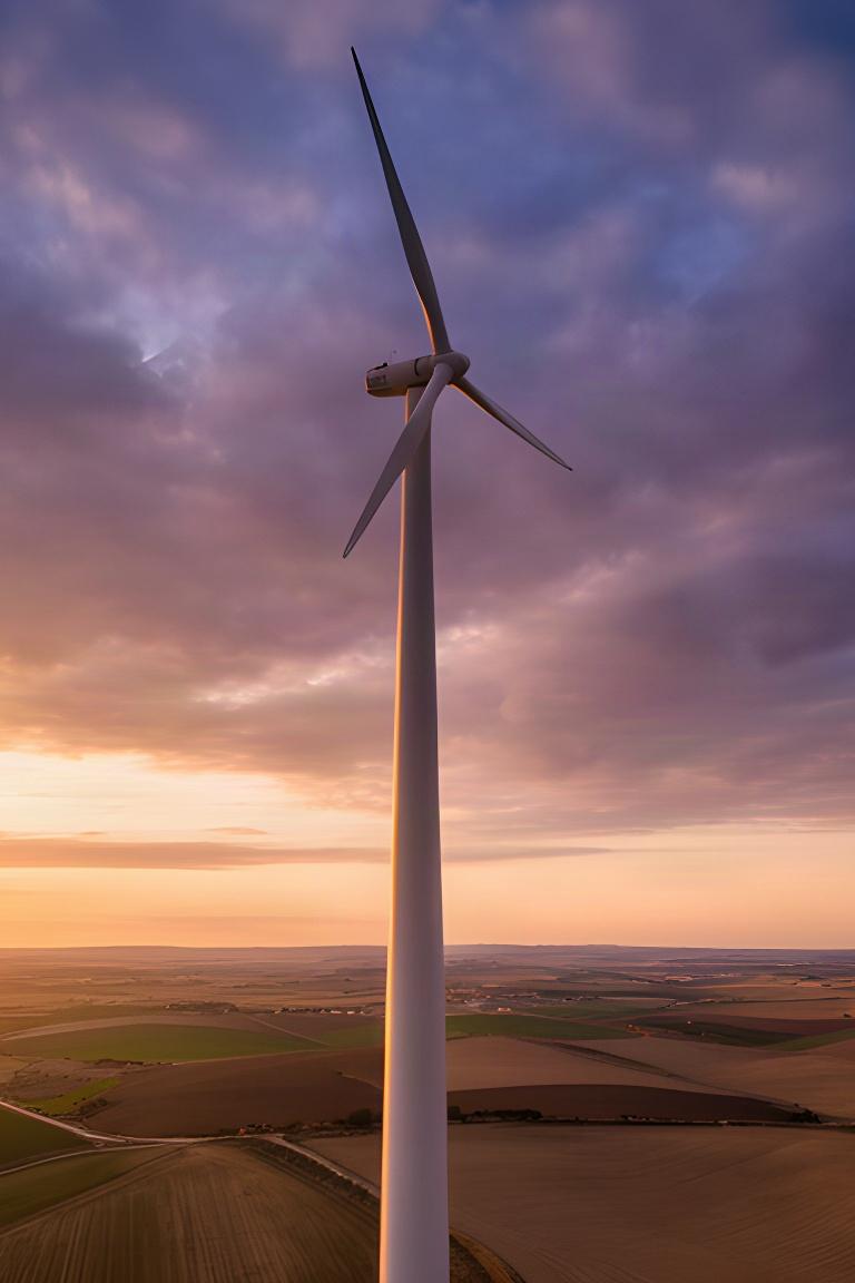 Torre eólica elevándose sobre un paisaje castellano al atardecer