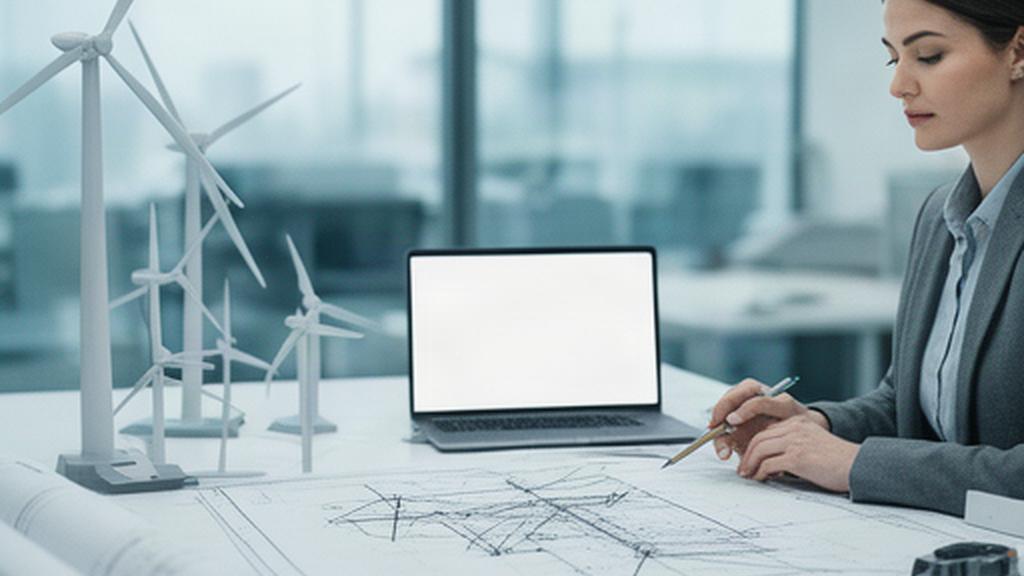 Ingeniera revisando planos técnicos de una turbina eólica en una oficina de ingeniería