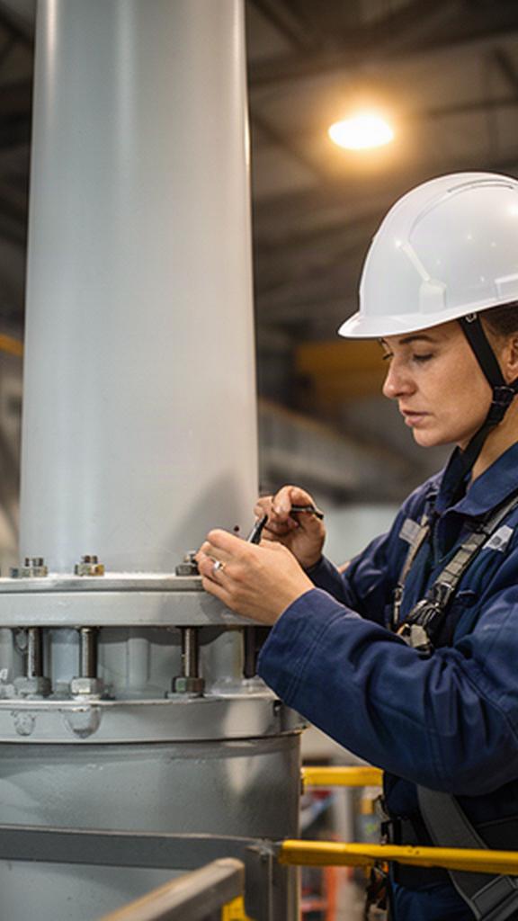 Técnica con casco revisando la unión de una torre eólica dentro de una nave industrial