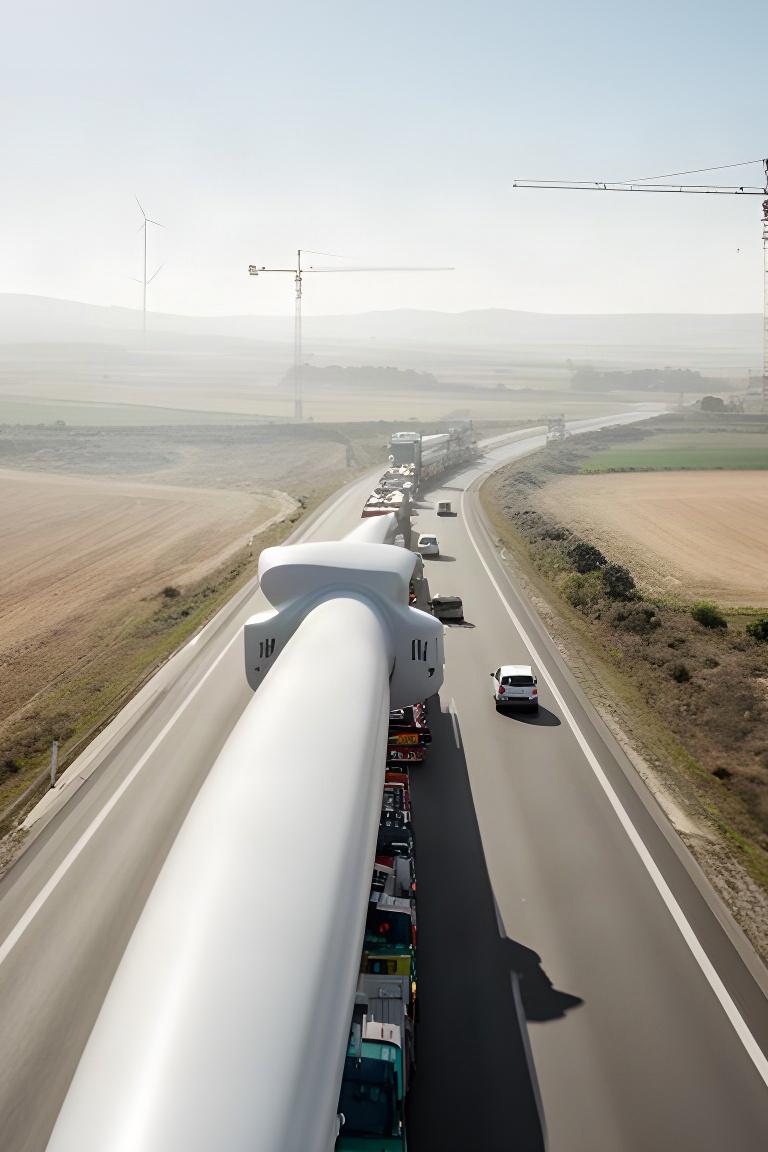 Transporte de palas eólicas por una carretera de Castilla y León hacia un parque en construcción