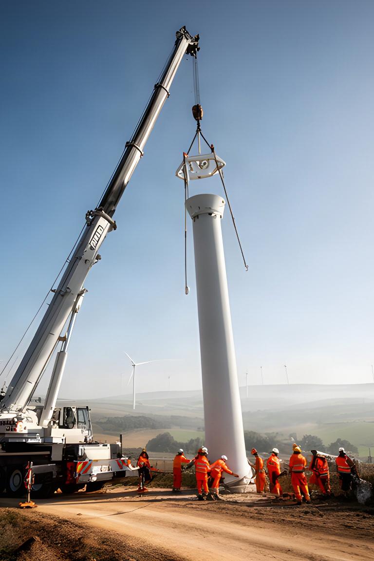 Equipo de montaje elevando un tramo de torre eólica junto a una grúa en un parque de Burgos