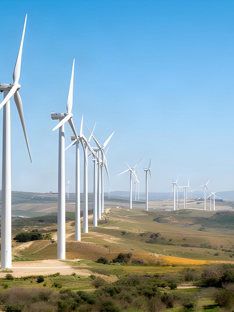 Fila de aerogeneradores en el Parque Eólico Montes de Oca, Burgos, bajo un cielo despejado