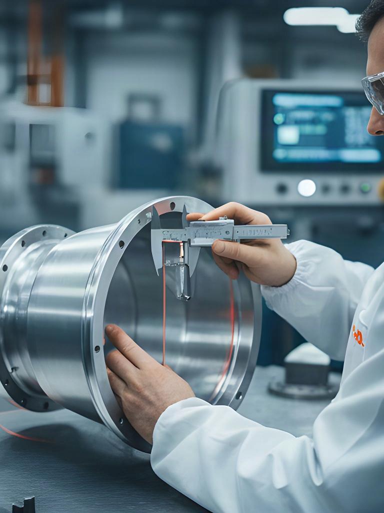 Especialista comprobando un componente metálico de aerogenerador con instrumentos de medición