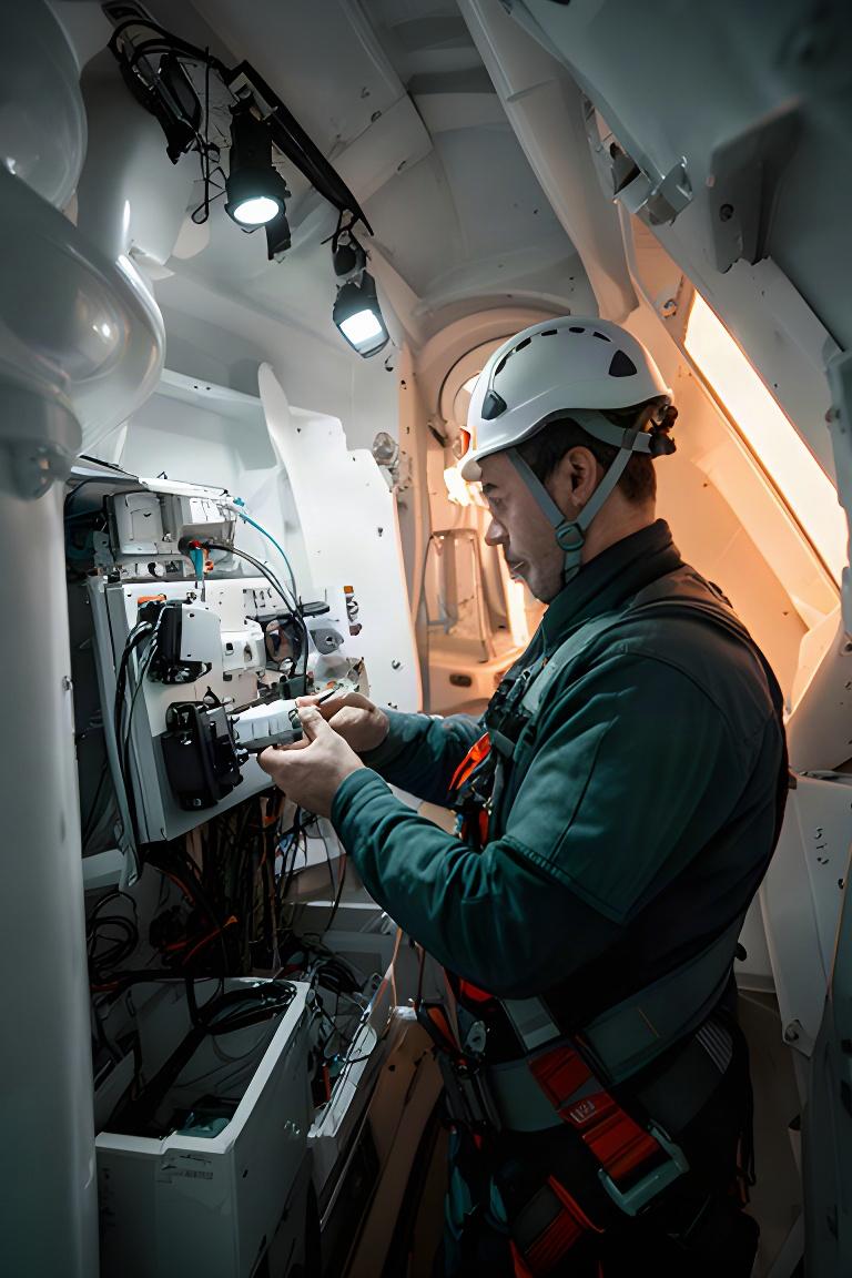 Técnico instalando sensores de monitorización en el interior de una góndola eólica