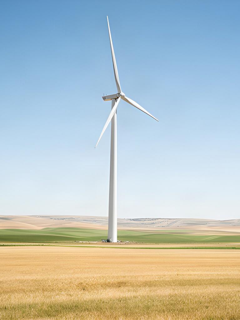 Aerogenerador blanco instalado en un campo de Castilla y León bajo un cielo despejado