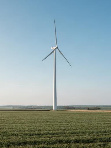 Aerogenerador blanco instalado en un campo abierto bajo cielo azul