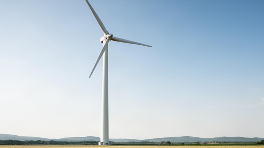 Aerogenerador blanco instalado en un campo abierto bajo cielo despejado