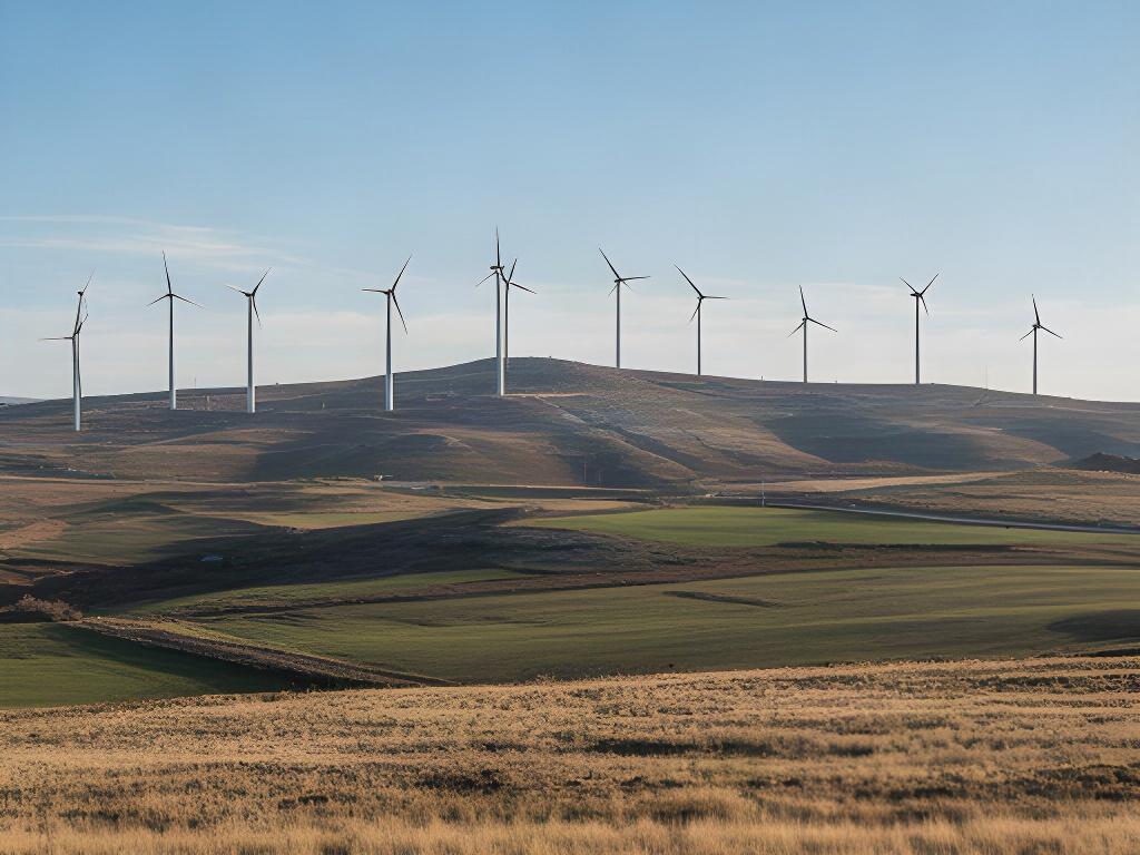 Complejo Eólico Páramo de la Lora con doce aerogeneradores alineados en el horizonte