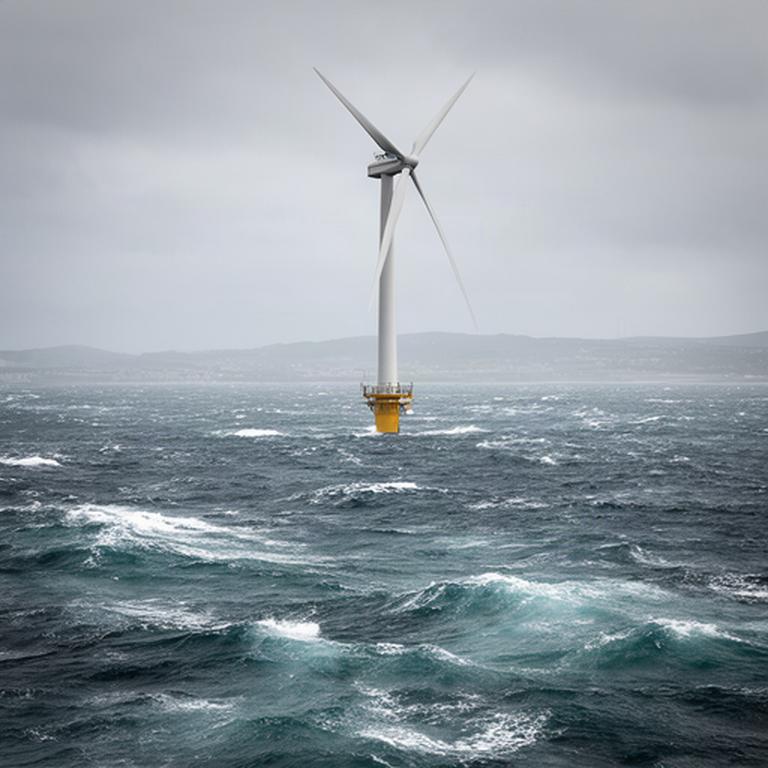 Prototipo de aerogenerador marino frente a la costa de A Coruña, con oleaje visible