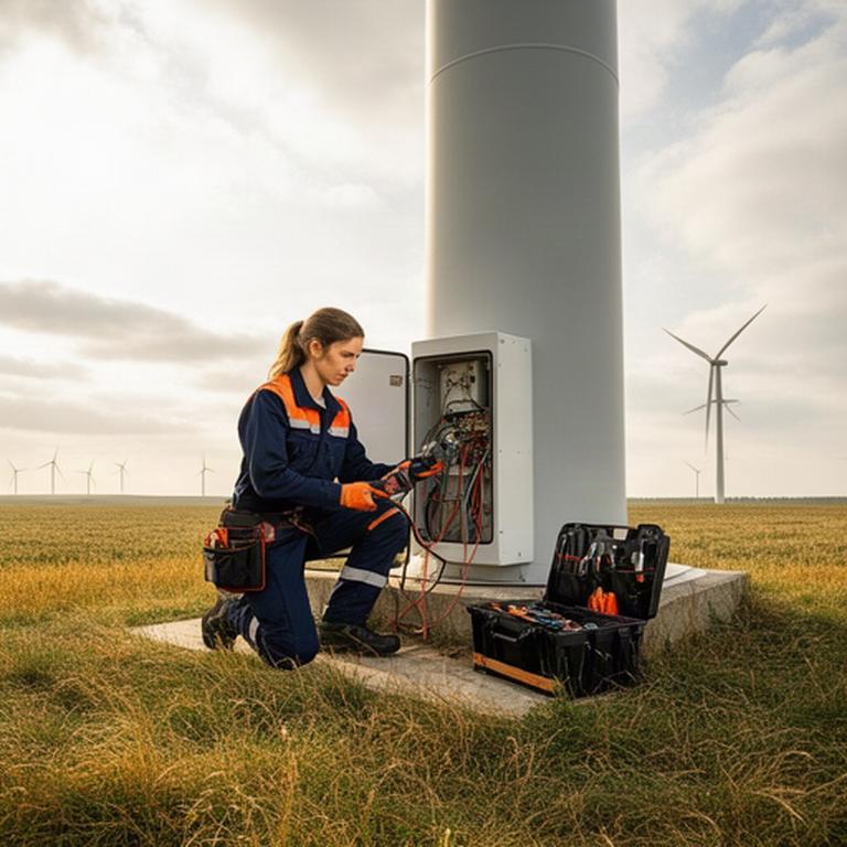 Técnica realizando mantenimiento preventivo en la base de un aerogenerador durante una jornada de campo