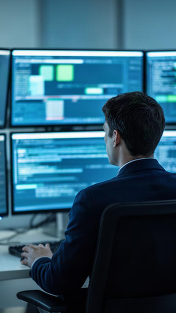 Especialista comprobando la seguridad digital de sistemas en una oficina técnica