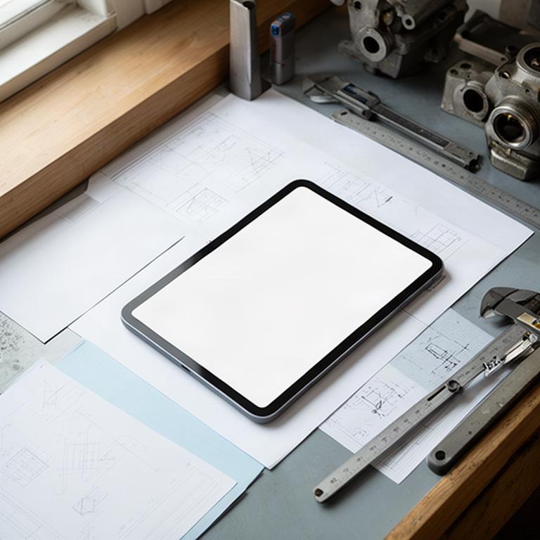 Documentación técnica ordenada junto a una tableta en una mesa de trabajo