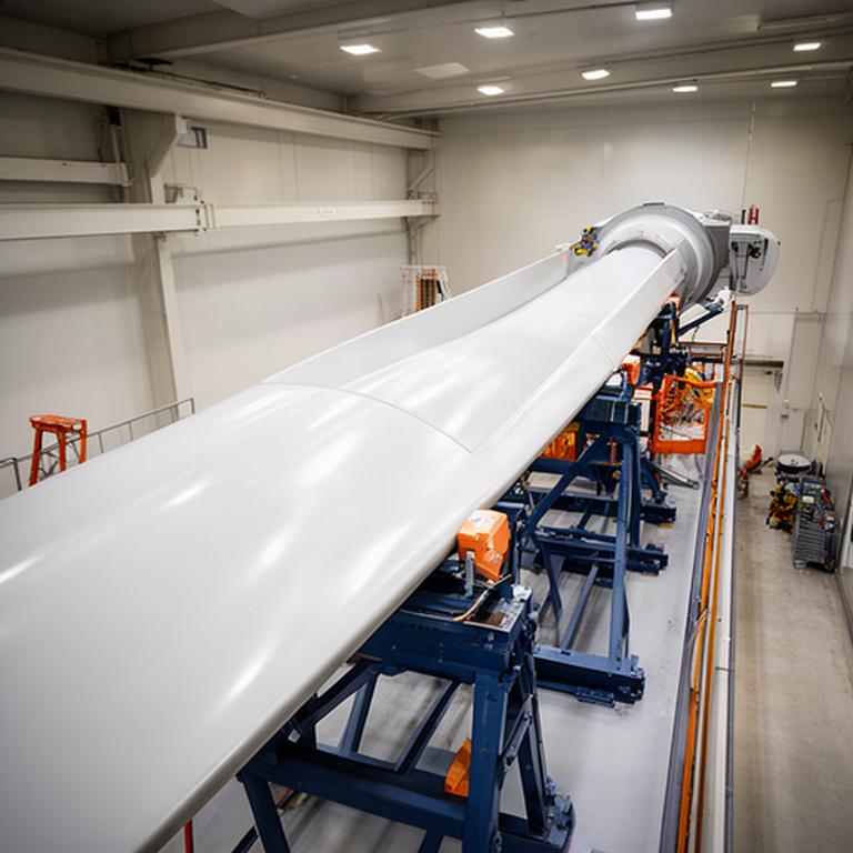 Pala de aerogenerador en revisión sobre una plataforma industrial iluminada