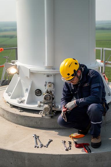 Técnico con casco realizando mantenimiento en la base de una turbina eólica