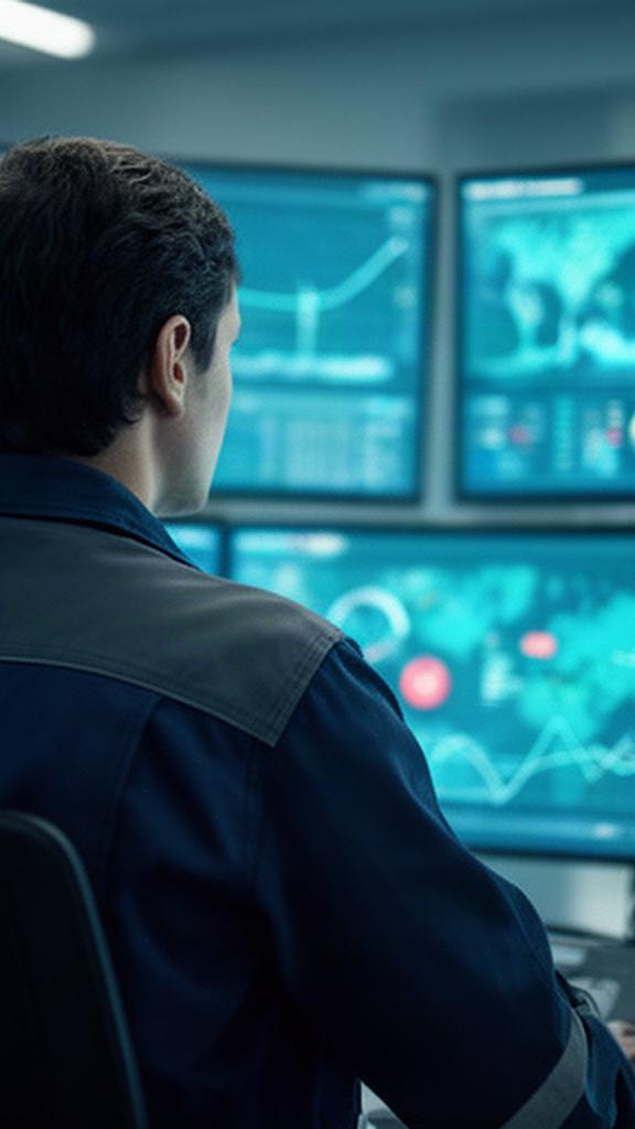 Técnica supervisando datos de aerogeneradores en una sala de control