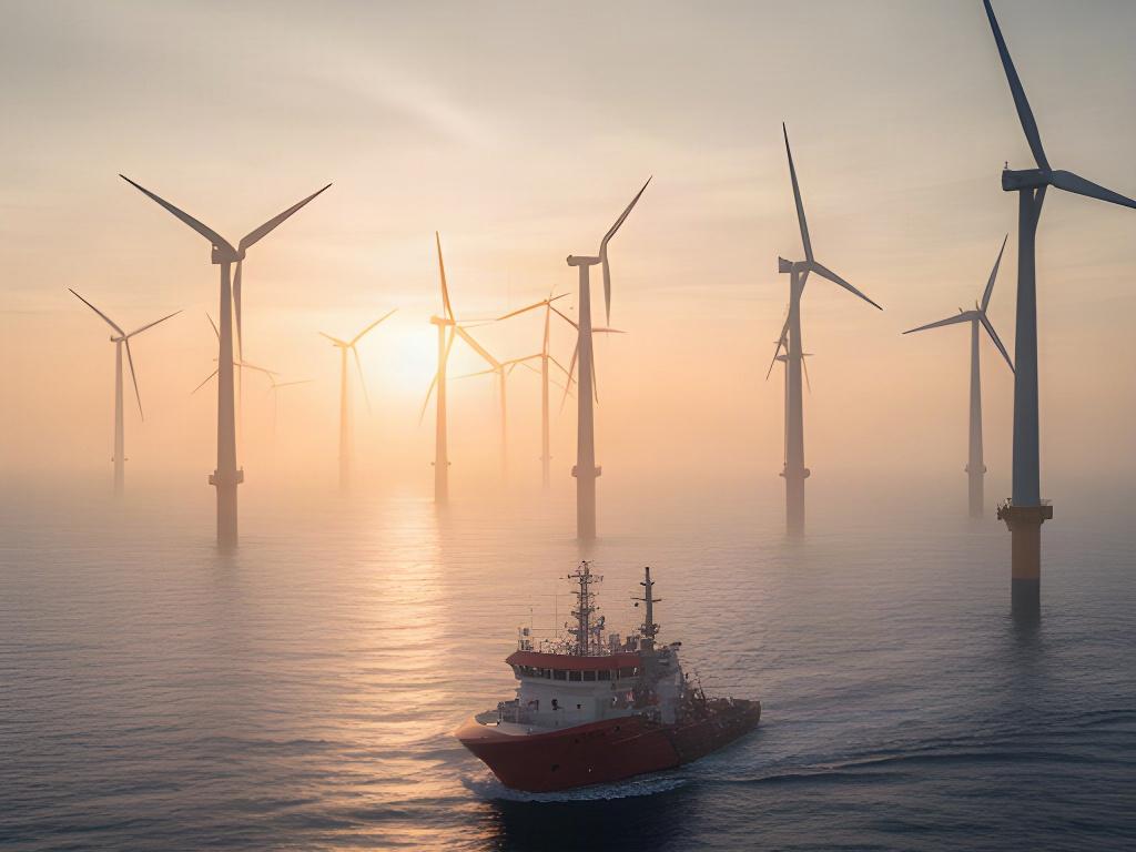 Aerogeneradores offshore alineados en el mar durante el amanecer con mantenimiento marítimo cercano