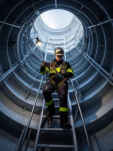 Técnico equipado dentro de una torre eólica durante una revisión de mantenimiento