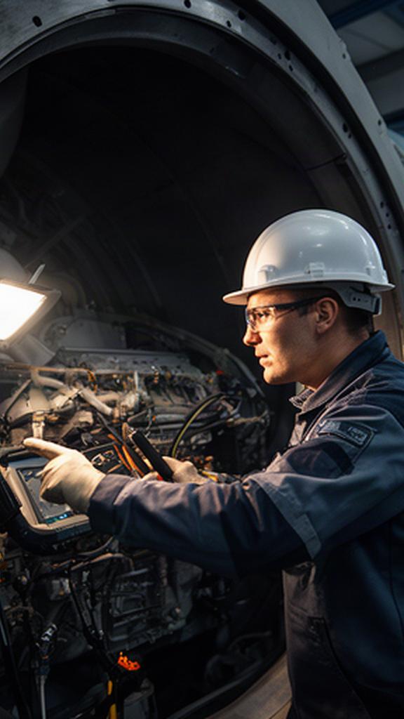 Especialista inspeccionando el generador de un aerogenerador con iluminación de taller