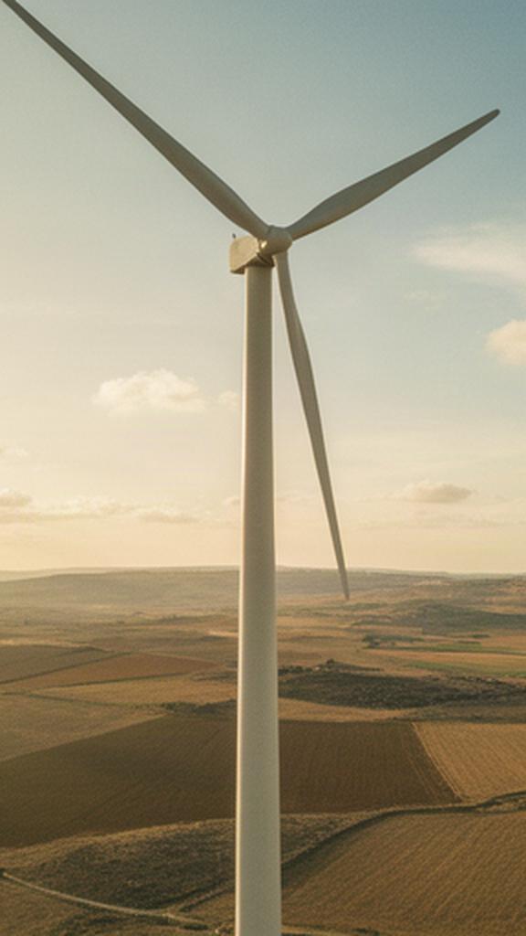 Torre de aerogenerador elevándose sobre un paisaje agrícola castellano