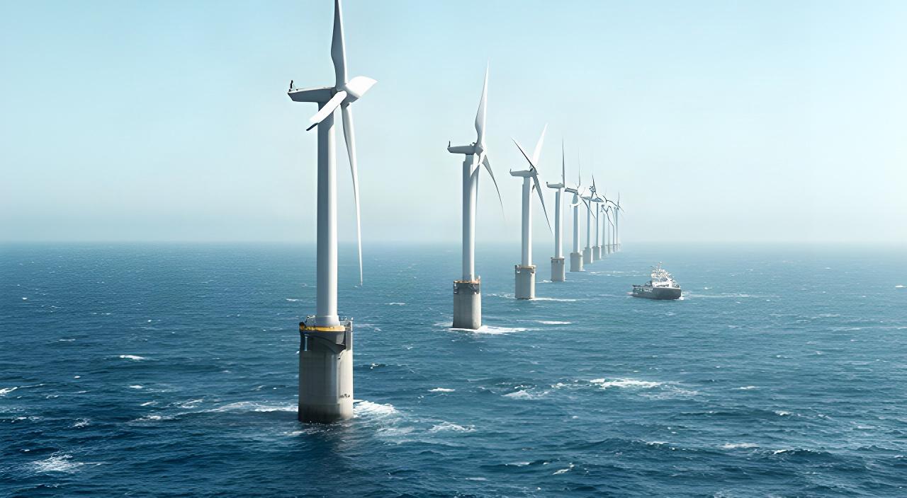 Fila de aerogeneradores sobre una plataforma marina bajo cielo despejado y oleaje moderado