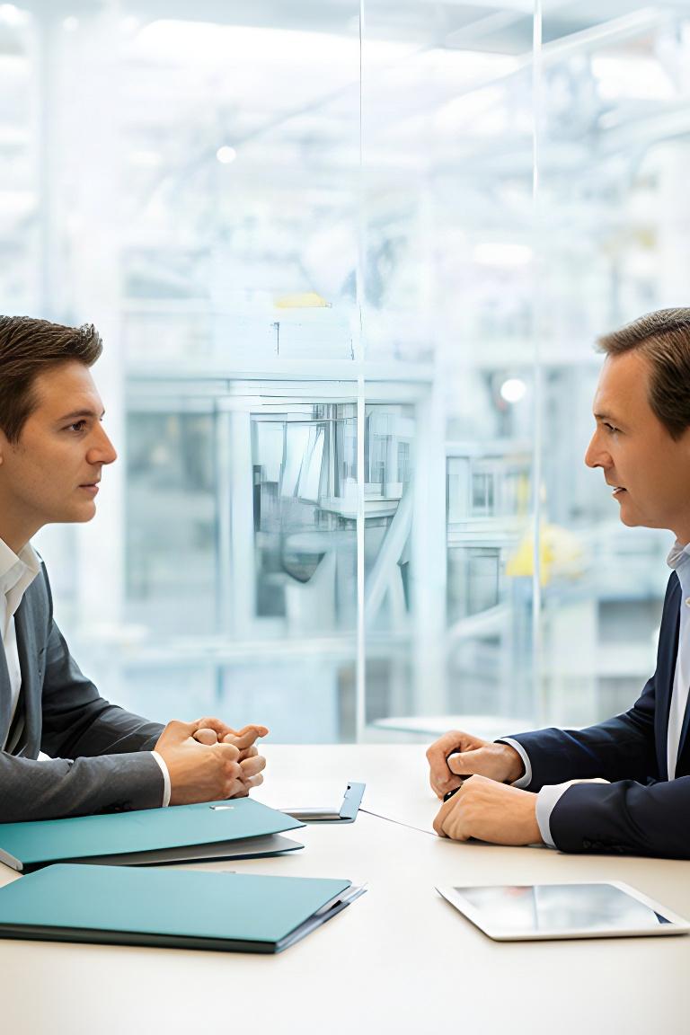 Reunión privada entre profesionales en una sala luminosa de una planta industrial