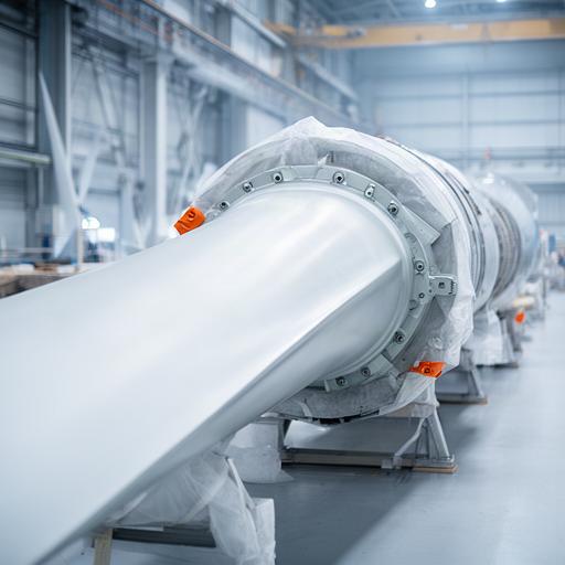 Detalle de una pala de aerogenerador preparada para su montaje en fábrica
