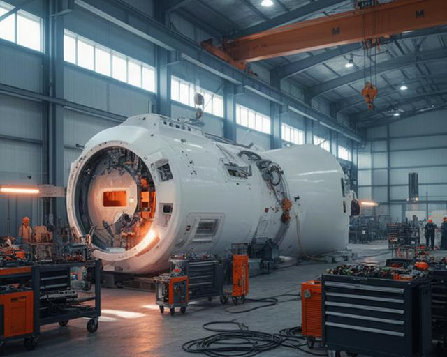 Nacelle de aerogenerador en una nave de fabricación con herramientas alrededor