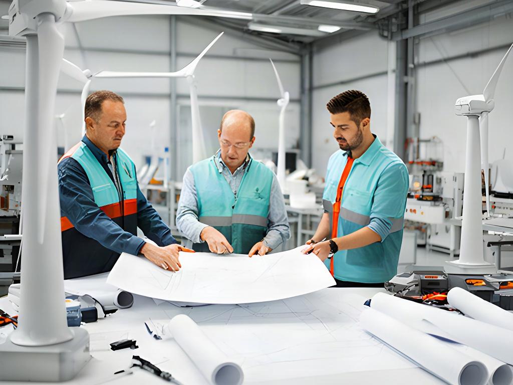 Equipo de ingeniería trabajando con planos de un aerogenerador en un taller