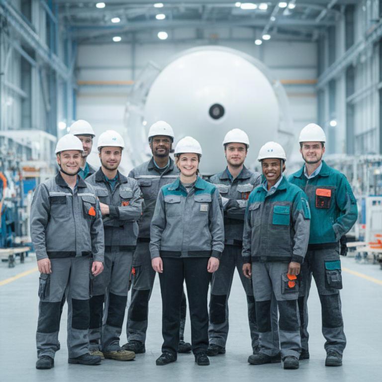Equipo técnico con cascos en la planta de fabricación eólica de Burgos