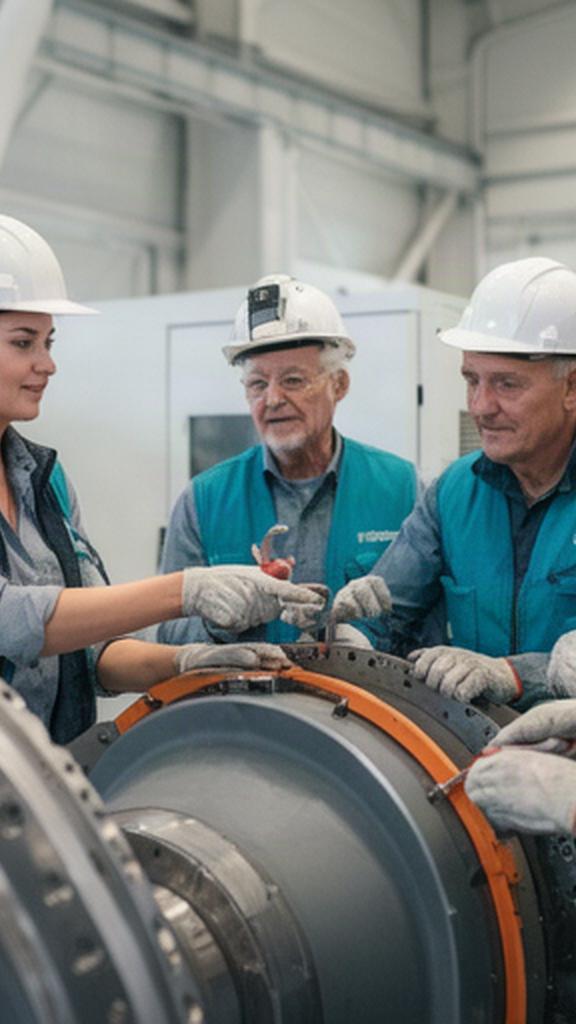 Estudiantes de formación técnica aprendiendo junto a una especialista en una nave eólica