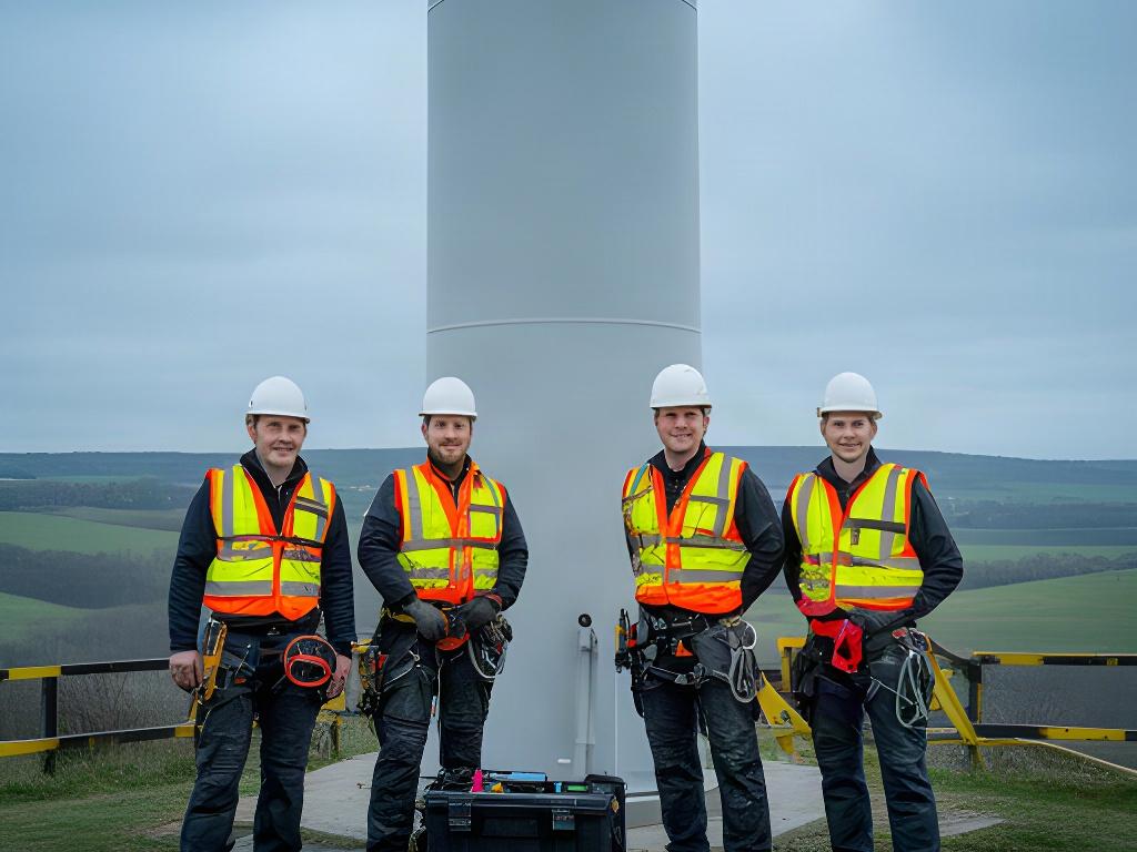 Equipo de mantenimiento con herramientas junto a una torre eólica durante una revisión programada