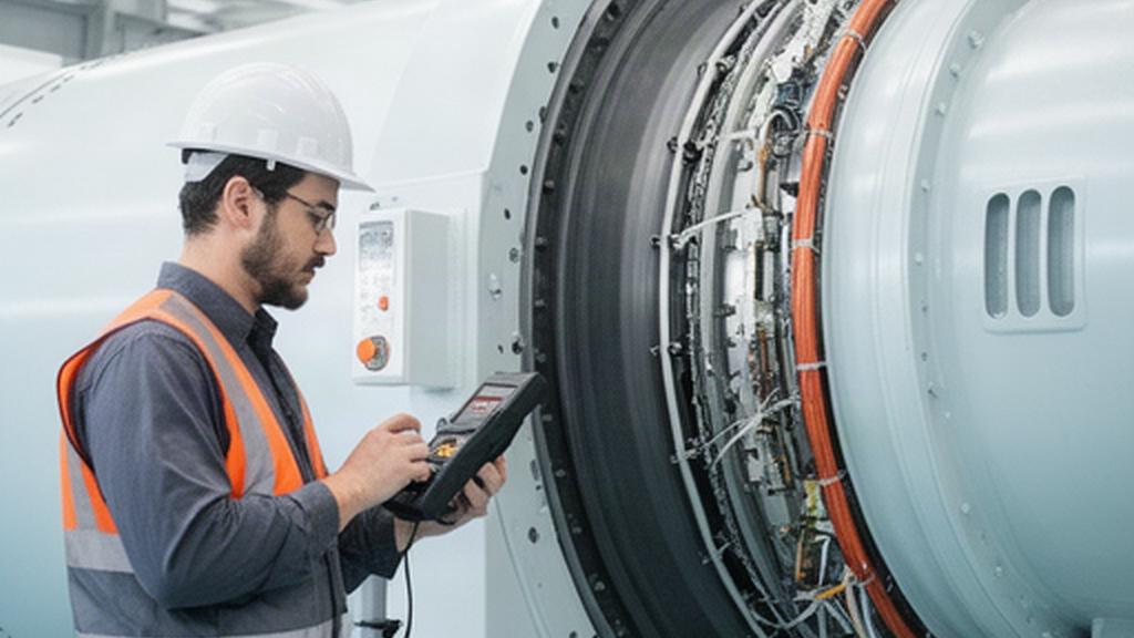 Ingeniera comprobando un panel de control junto a un generador eólico en la planta