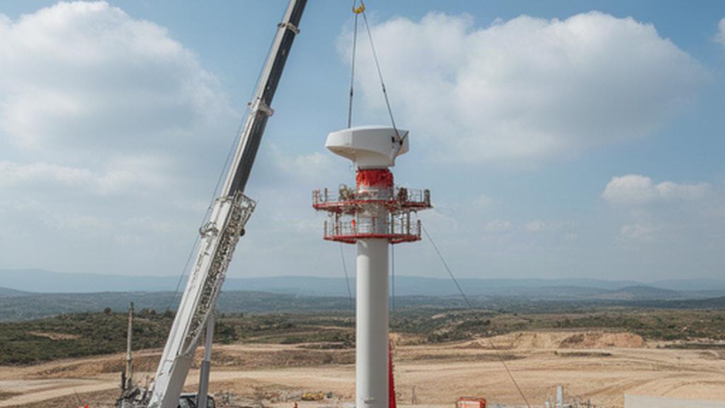 Grúa de alto tonelaje colocando una góndola eólica sobre una torre en una explanada de montaje