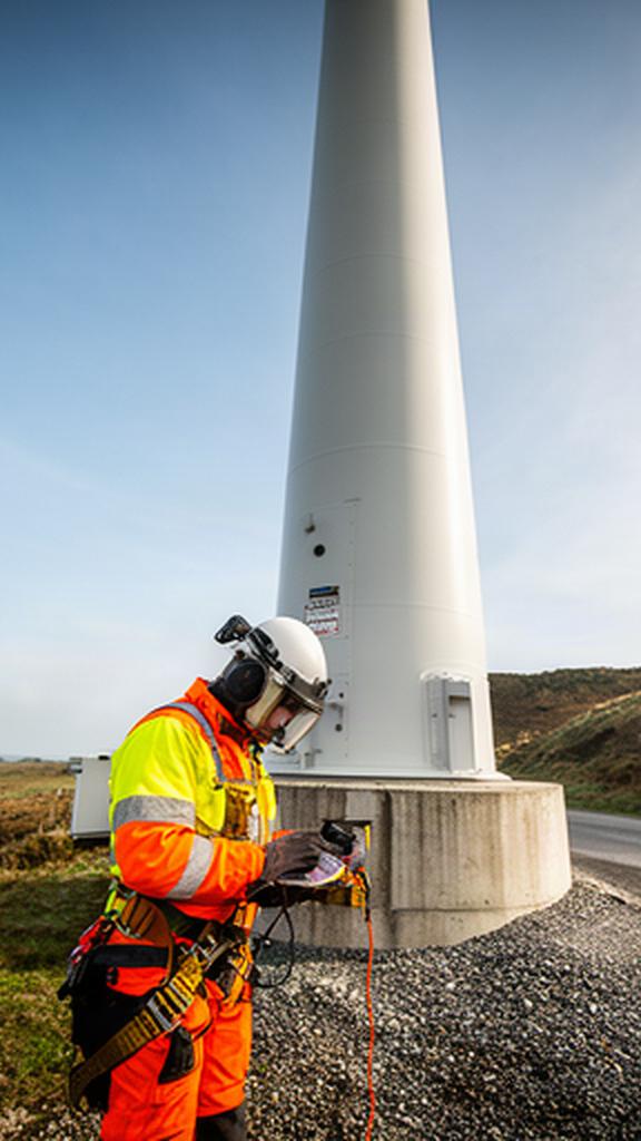 Especialista inspeccionando la base de una torre eólica junto a un camino de servicio