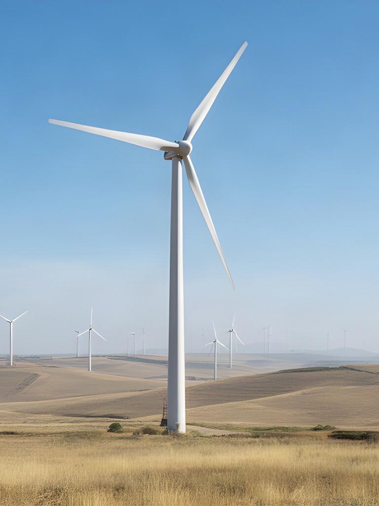 Aerogenerador de gran potencia elevándose sobre un parque eólico de Castilla y León