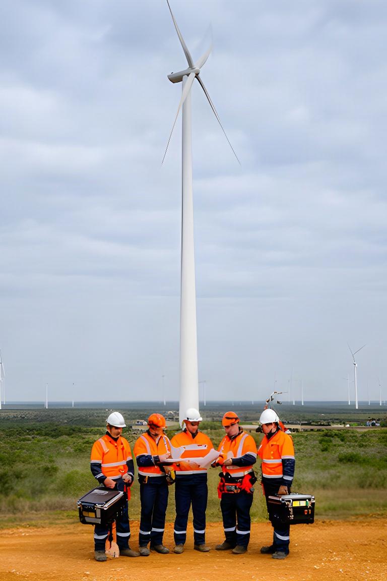 Equipo de inspección junto a una turbina eólica durante una revisión programada en el parque