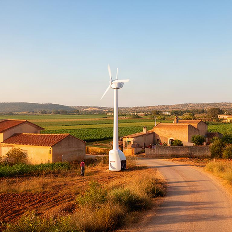Aerogenerador compacto modelo E-44 junto a una comunidad energética rural