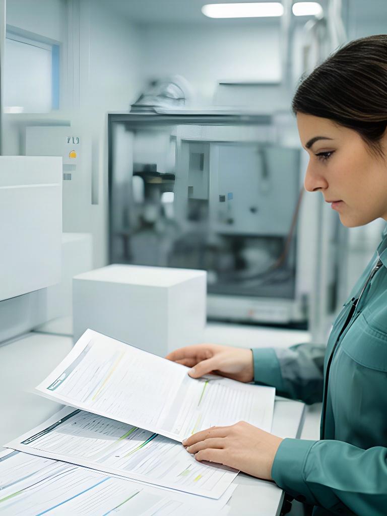Técnica revisando registros de datos en una oficina industrial de Burgos