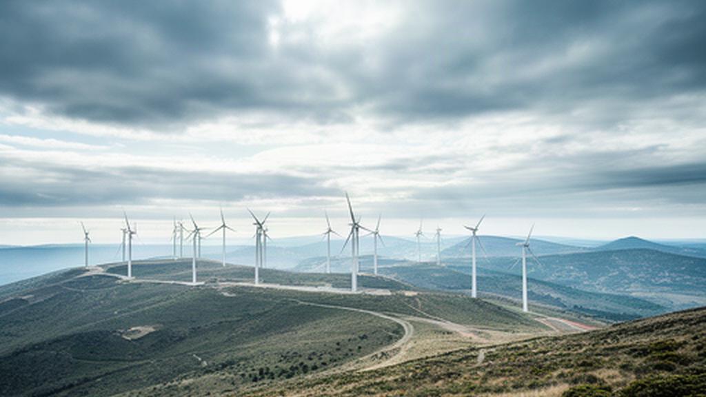 Vista amplia del Parque Eólico Páramo de la Lora con varias máquinas alineadas en la meseta